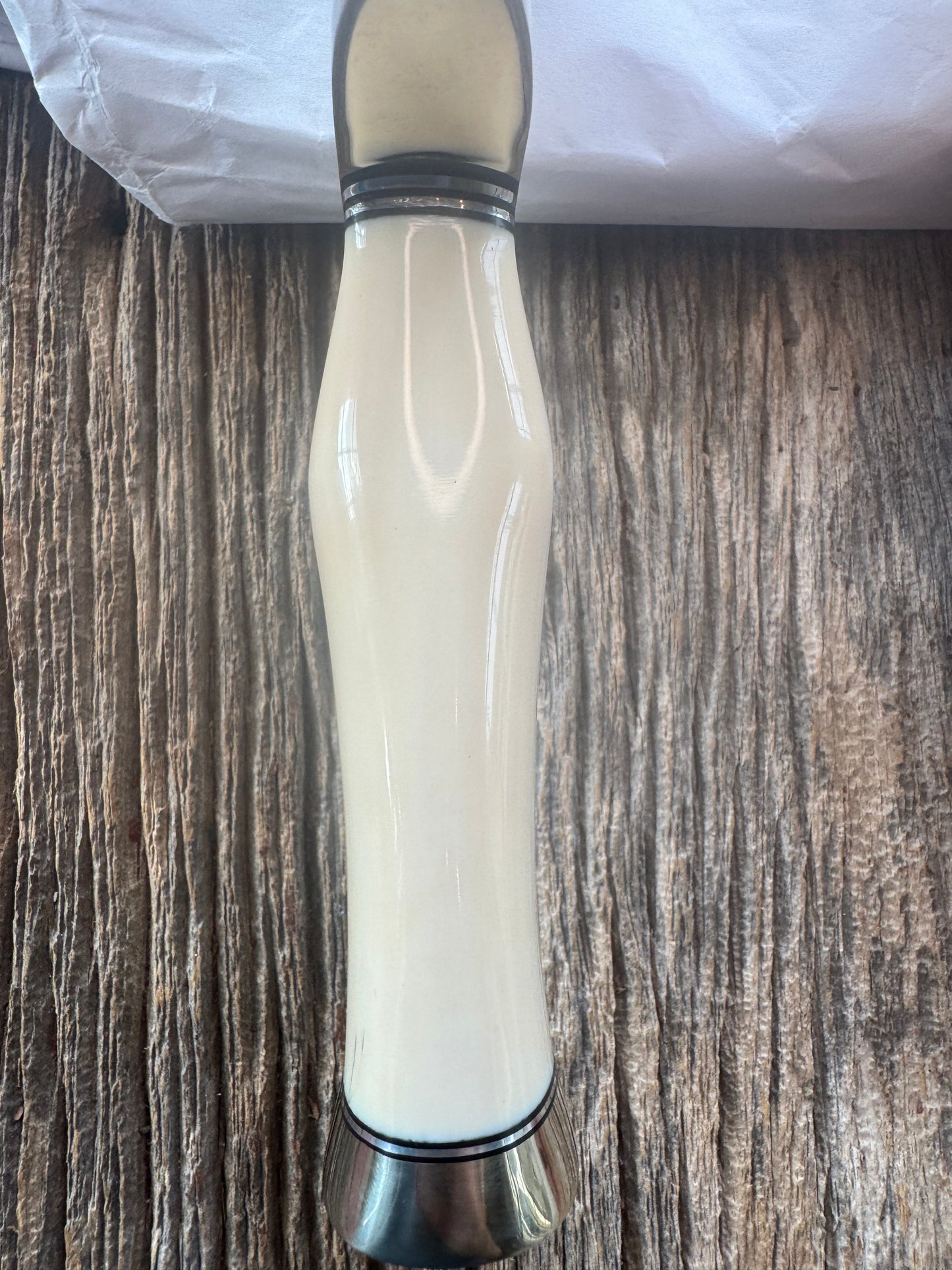 New in Paper Model 12-11 Smithsonian “Smitty” Bowie. Beautiful creamy Fossil Walrus Ivory with a single finger grip and a Nickel  Silver forward curved hilt and butt cap. Unreal Scrim opportunity!! Blank Canvas..