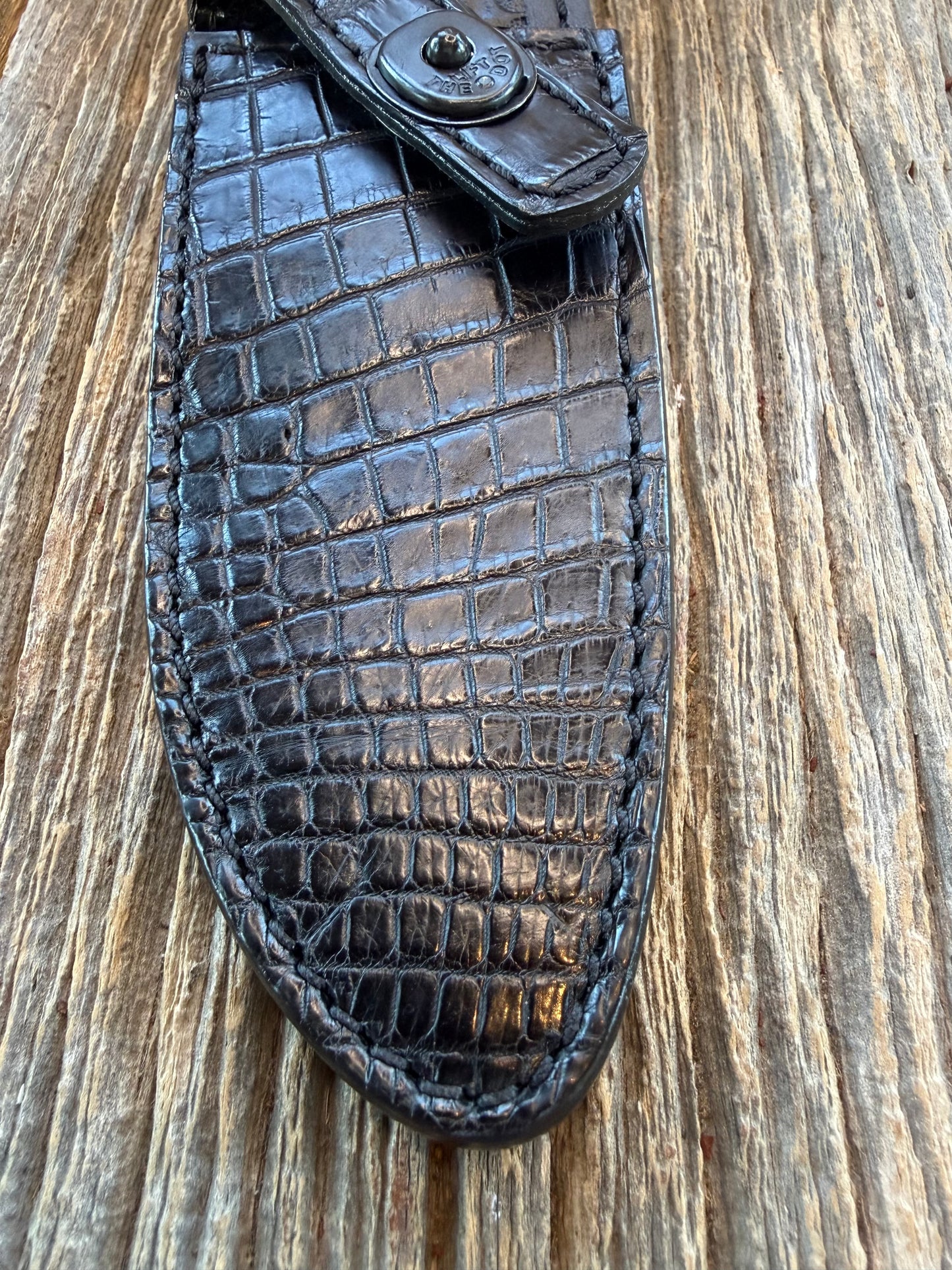 New Randall Model 11-5 Sheath in Exotic Black Crocodile from Treeman. Black canteen Snap .. Johnny Cash Style … All Black.