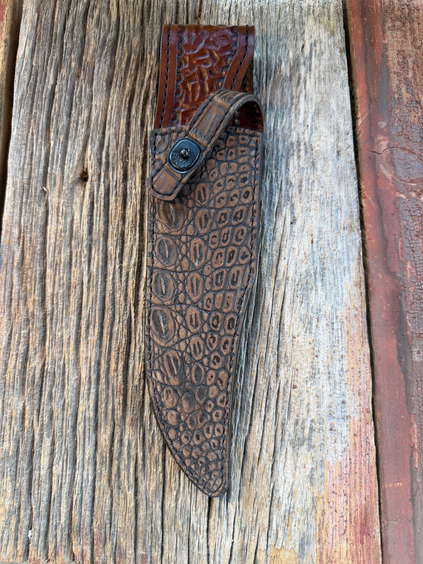 New Randall Model 12-8 Big Bear Sheath in Exotic Dark Brown Sueded Crocodile from Treeman with the newest Black Canteen snap.