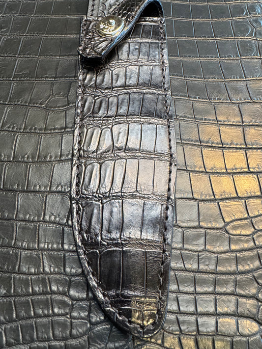 Randall Model 14 in Black Crocodile Straight hilt, Canteen Snap, full brass stamping and stitching.