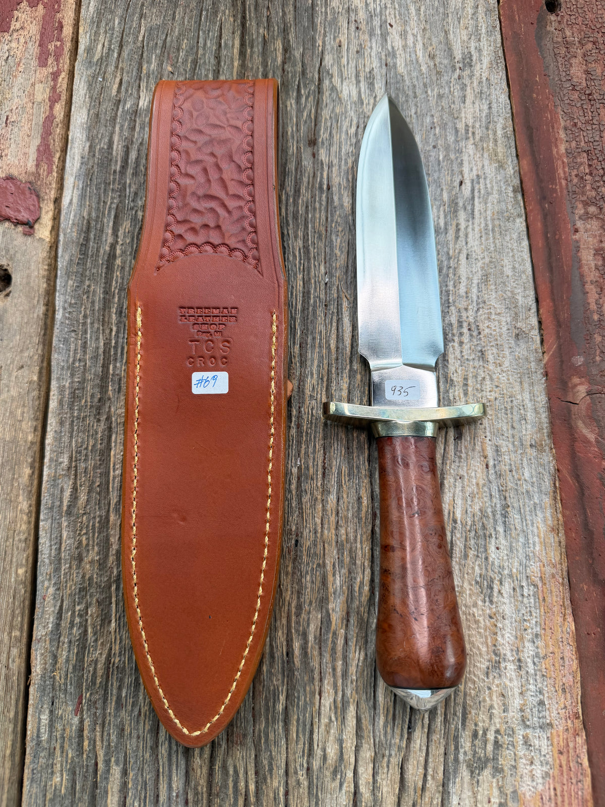 Randall Knife Clinton Special TC Nickel Silver Hilt and Collar, Stainless Steel, Thuya Burl, aluminum butt cap. Cream Croc Sheath.
