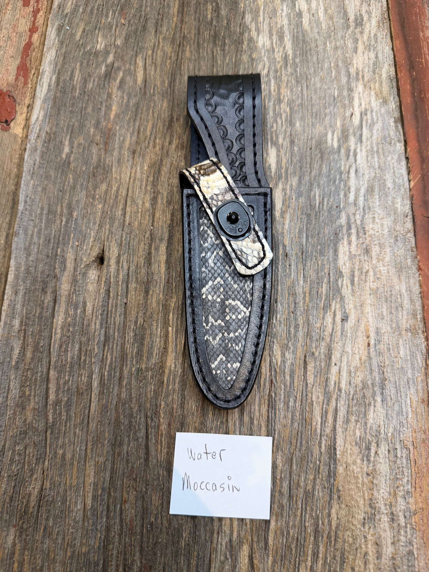 Randall Model 8-4 Sheath in Exotic Water Moccasin from Treeman Sheaths. Tremendous colors on this one.