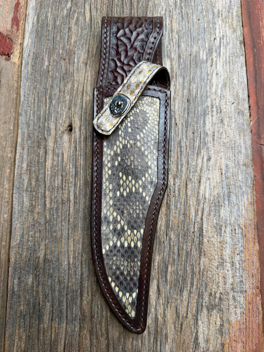 Randall Model 12-8 sheath with an Eastern Diamondback RattleSnake skin from Treeman Sheaths. Hand tooled belt loop, canteen snap. One of the hardest skins to source.