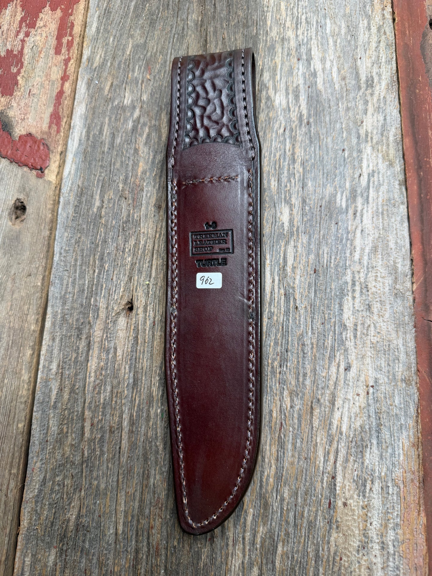 Randall Model 1-8 Sheath in Exotic Dark Brown Snapping Turtle by Treeman. Straight hilt and new black canteen snap… Spiked Dragon tail portion of the turtle.