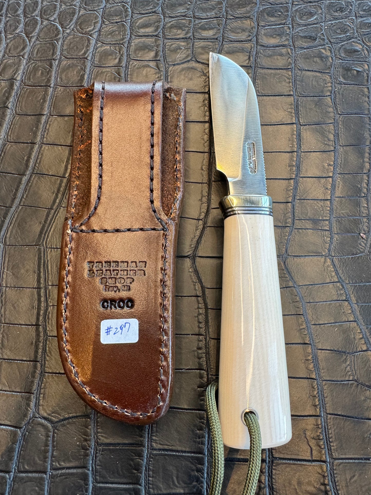Randall Cattleman Model Sheath in Exotic Black and Grey Sueded Crocodile Skin from Treeman. Sheath only