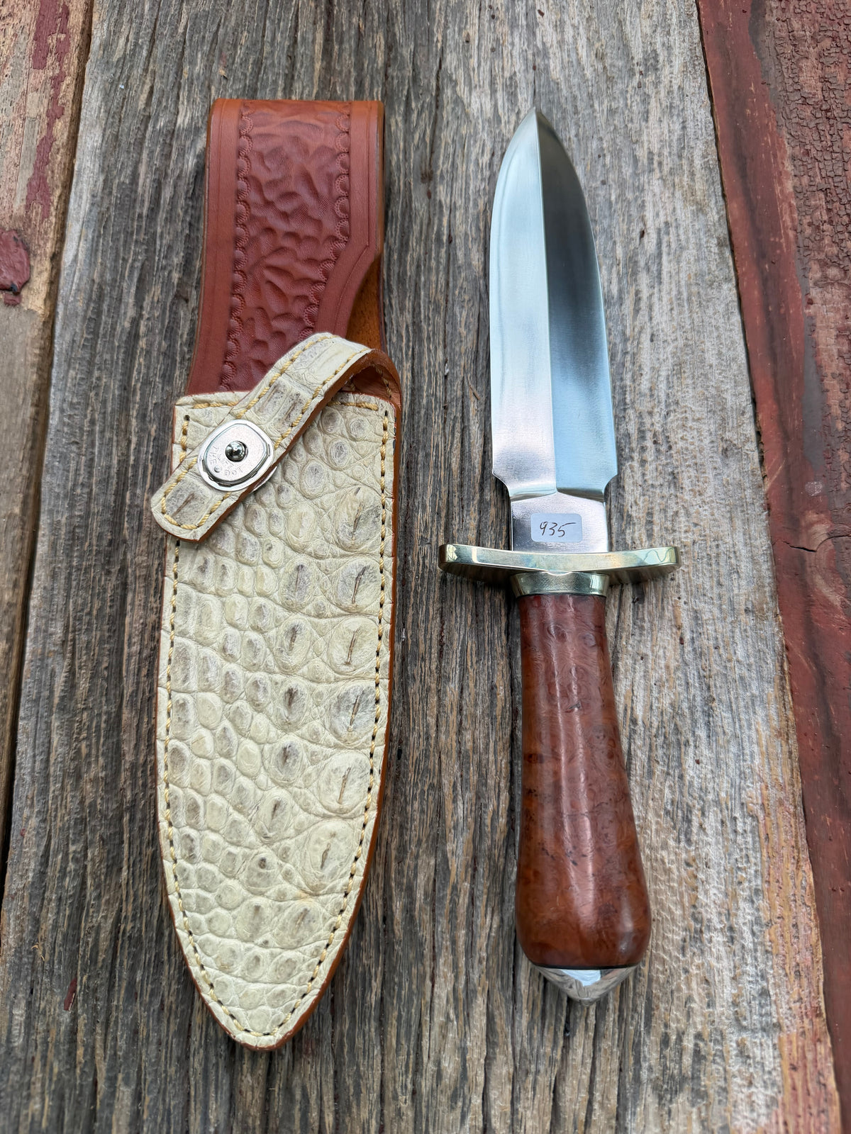 Randall Knife Clinton Special TC Nickel Silver Hilt and Collar, Stainless Steel, Thuya Burl, aluminum butt cap. Cream Croc Sheath.