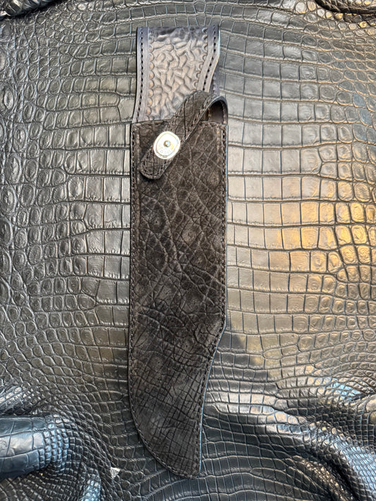 Randall Model 12-11 Smithsonian “Smitty” in Black Hippo, forward curved hilt, Canteen Snap, full brass stamping and stitching.