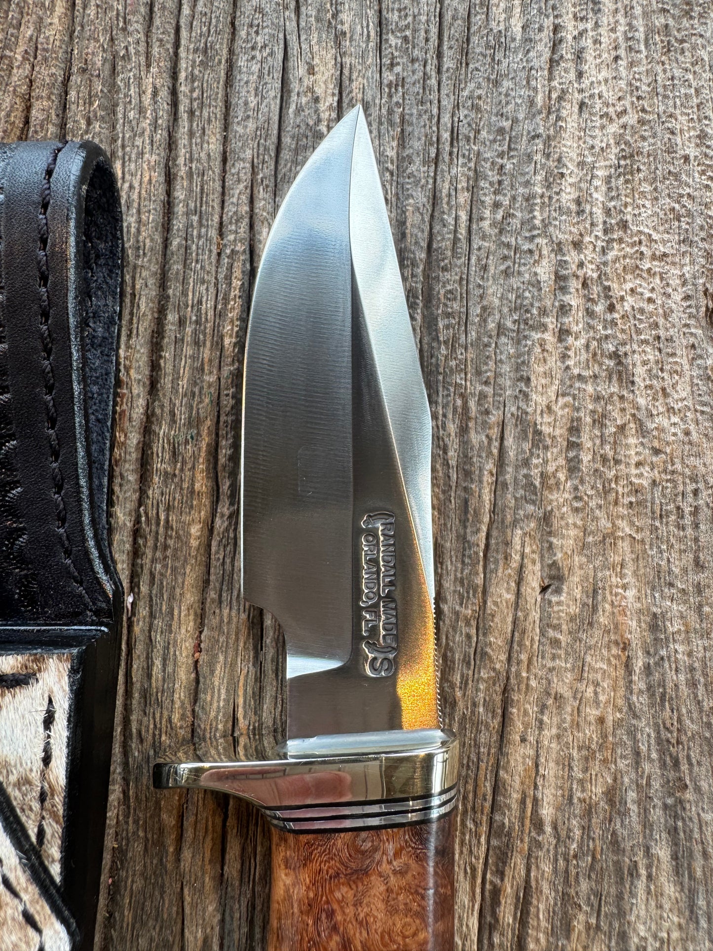 Randall Knife Model 23 Amboyna Burl wood Handle, Stainless Steel blade, Nickel Silver hilt and Butt cap. Exotic Zebra Sheath.