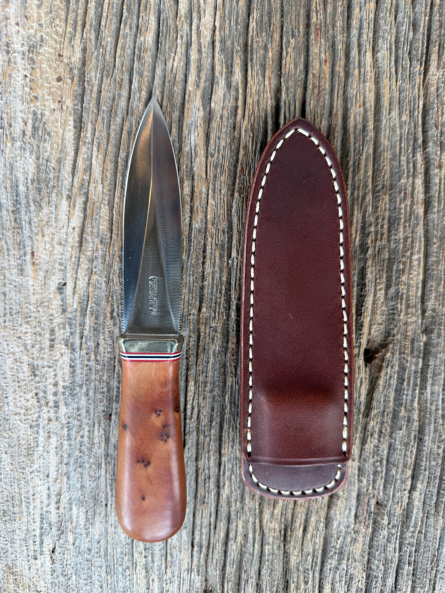 Randall Model “Guardian” 4 Inch in Thuya Wood, Nickel hilt, Stainless, Red White and Blue spacers.