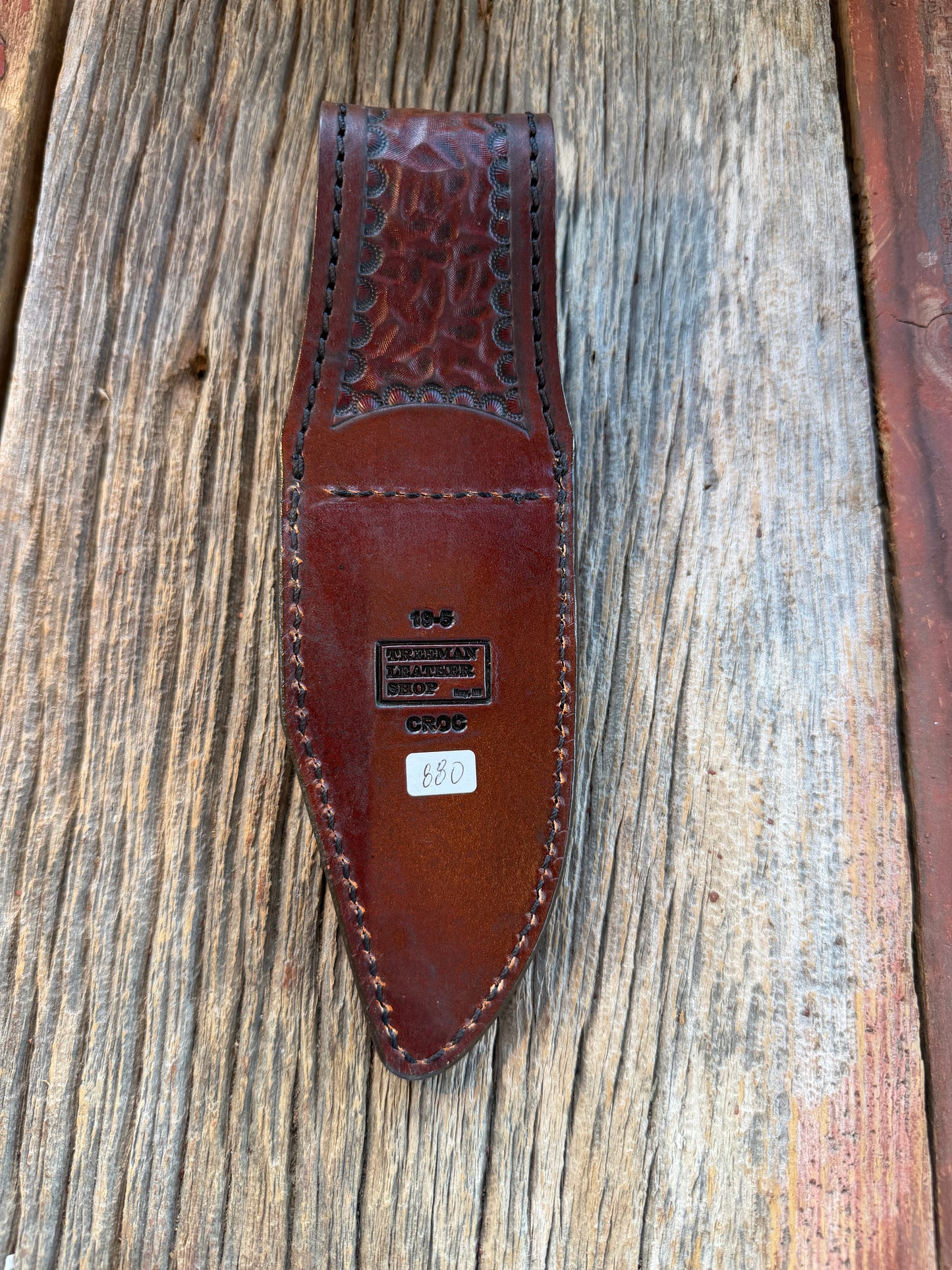 New Randall Model 19-5 Sheath in Exotic Dark Brown Crocodile from Treeman with the newest Black Canteen snap.