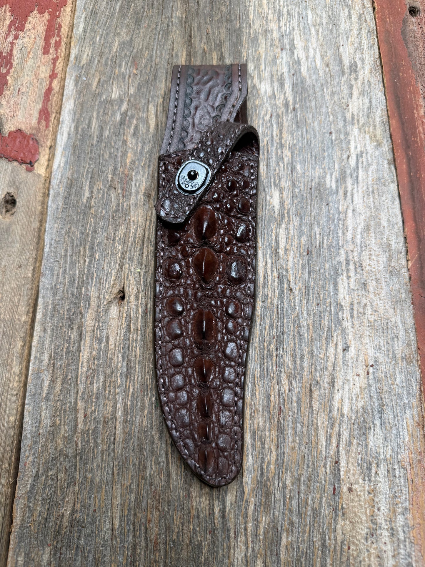 Randall Model Nordic Special Sheath in Exotic Dark Brown Snapping Turtle by Treeman. Forward curved hilt and new black canteen snap… Spiked Dragon tail portion of the turtle.