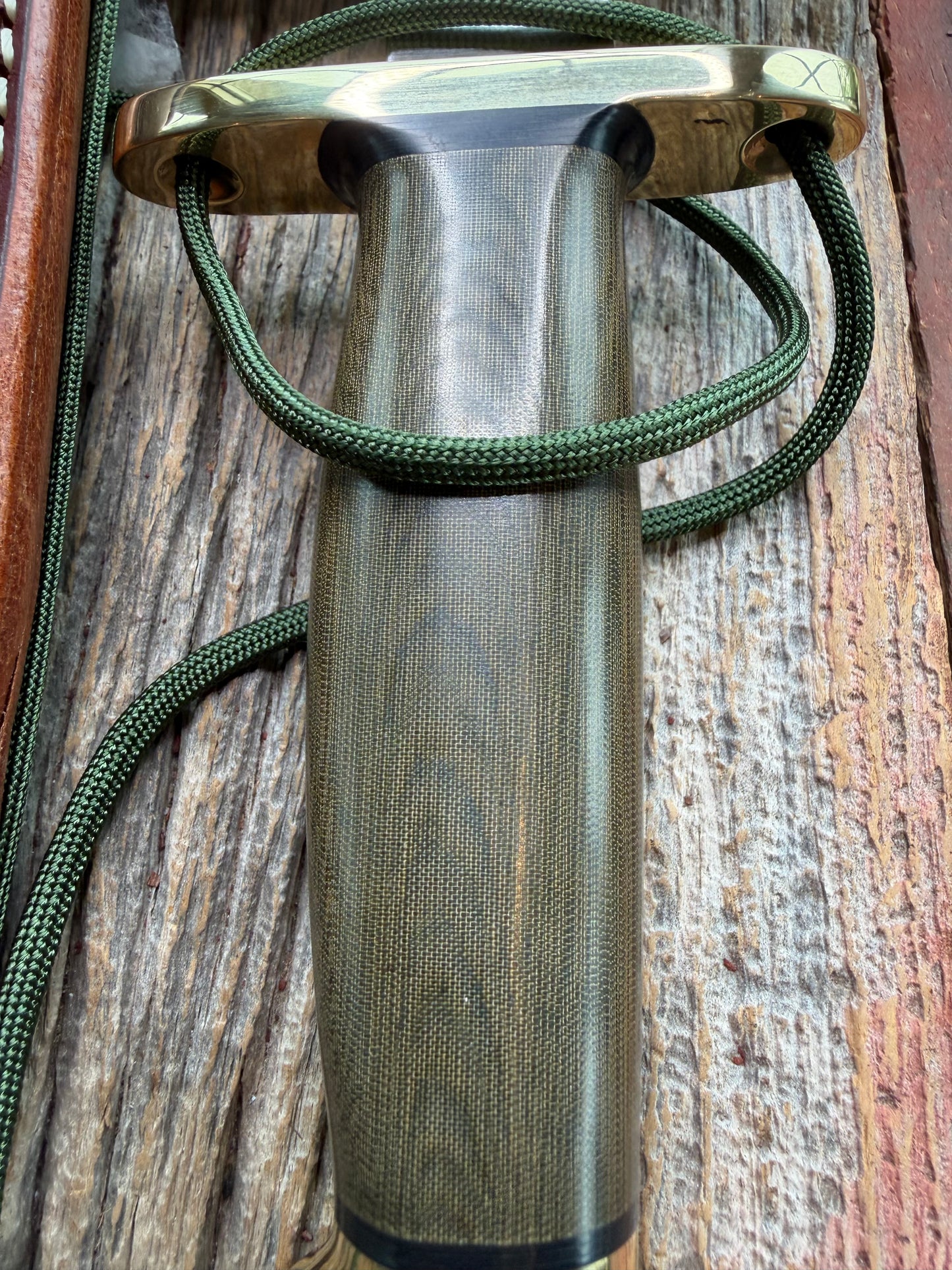 New in Paper Randall Made Knife Model 1-7 Green Micarta handle, Stainless, brass Double Hilt, Brass Crows beak butt cap, lanyard, Sawteeth, single black spacer…loaded!!