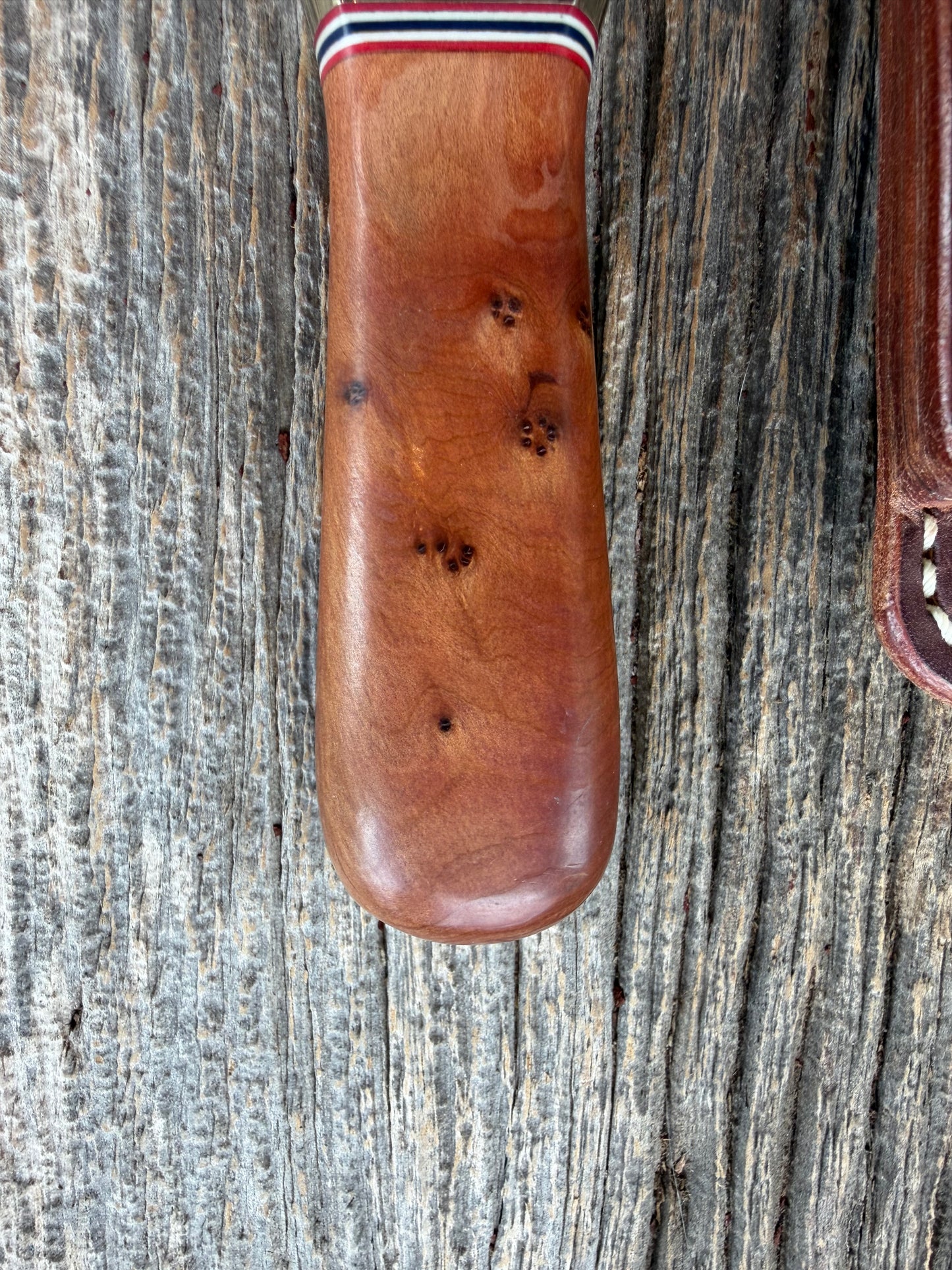 Randall Model “Guardian” 4 Inch in Thuya Wood, Nickel hilt, Stainless, Red White and Blue spacers.