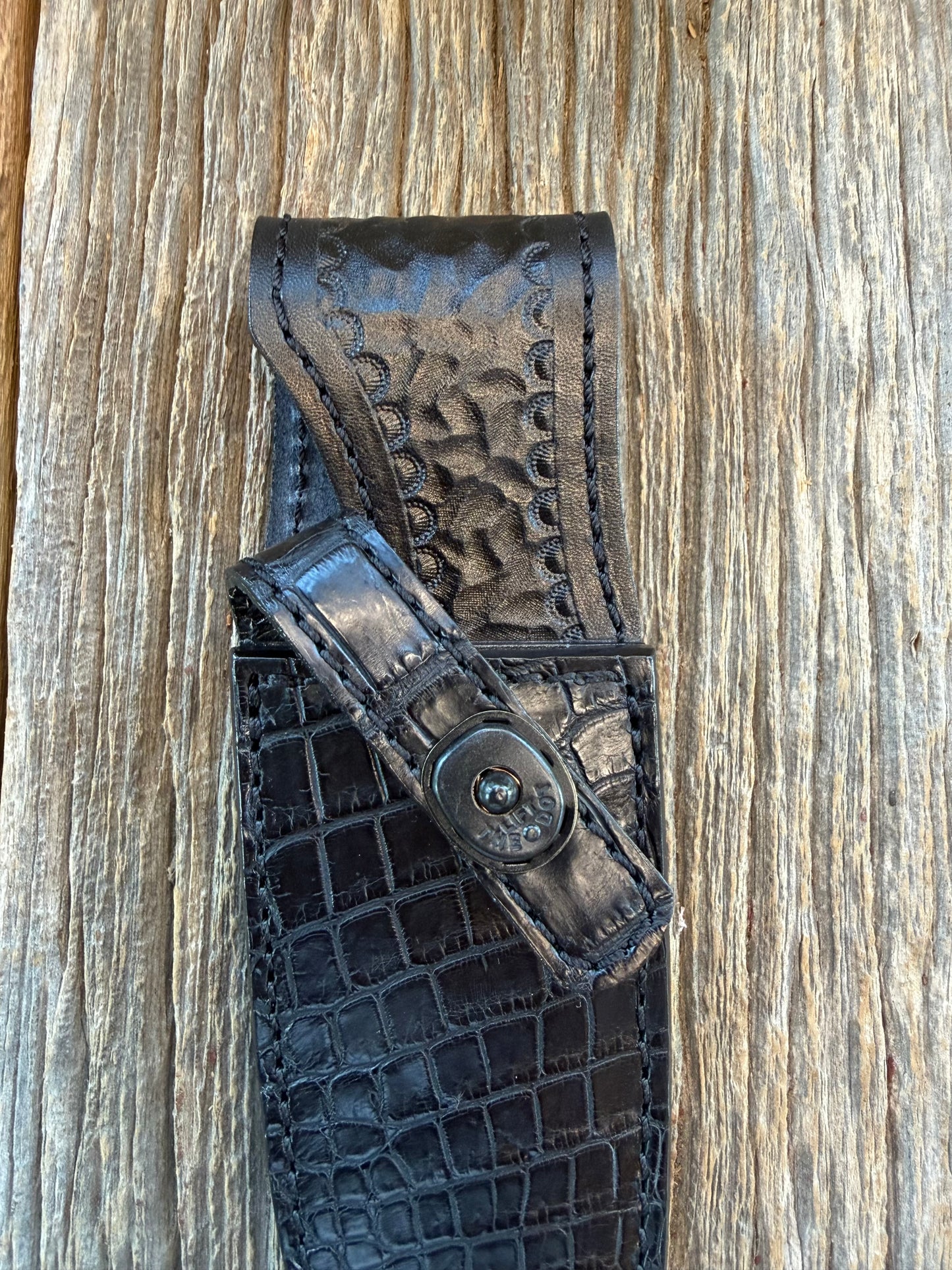 New Randall Model 11-5 Sheath in Exotic Black Crocodile from Treeman. Black canteen Snap .. Johnny Cash Style … All Black.