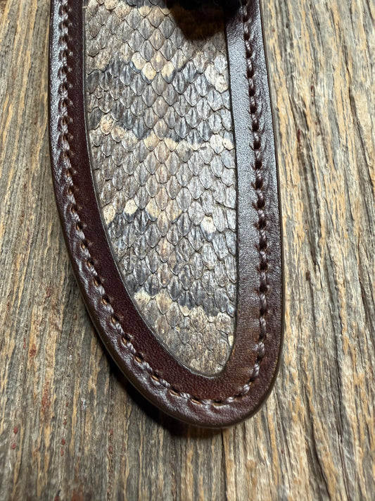 Randall Model Combat Companion sheath with a Canebrake RattleSnake skin from Treeman Sheaths. Vibrant colors and along side Copperheads the hardest skin to source.