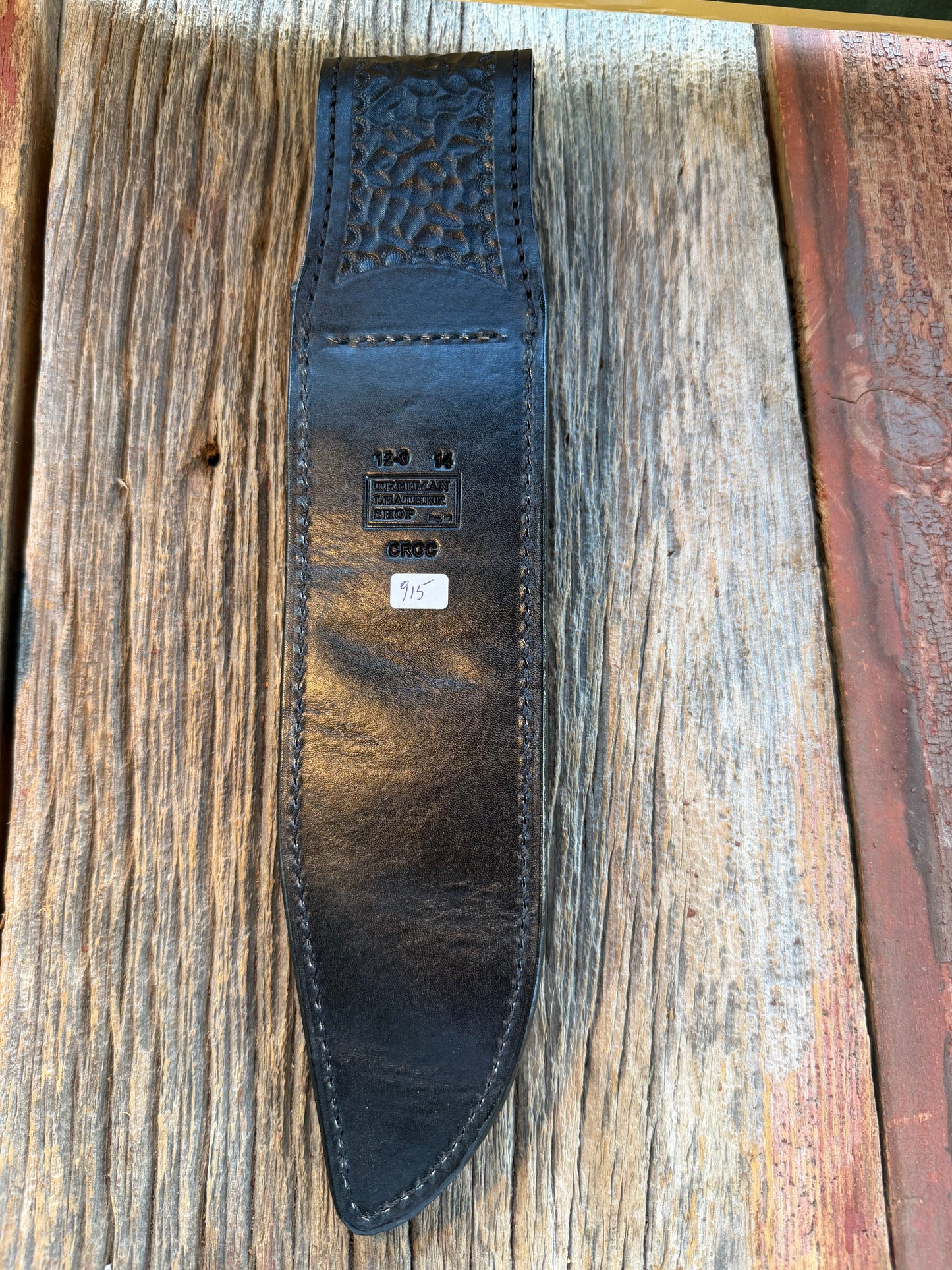 New Randall Model 12-9 Sheath in Exotic Black/Grey Matte Crocodile from Treeman with the newest Black Canteen snap.