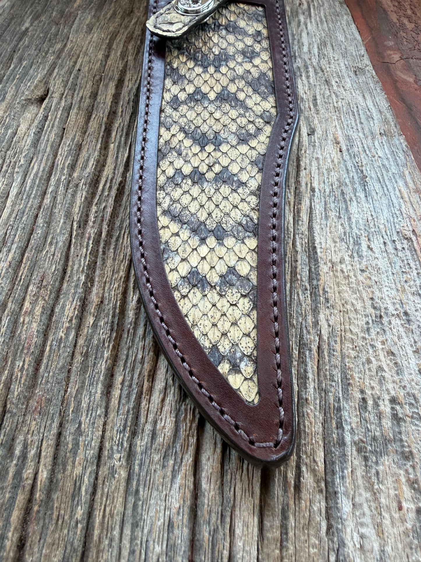 Randall Model 12-8 Big Bear Sheath in Exotic Eastern Diamondback RattleSnake from Treeman Sheaths. Stunning colors on this one.