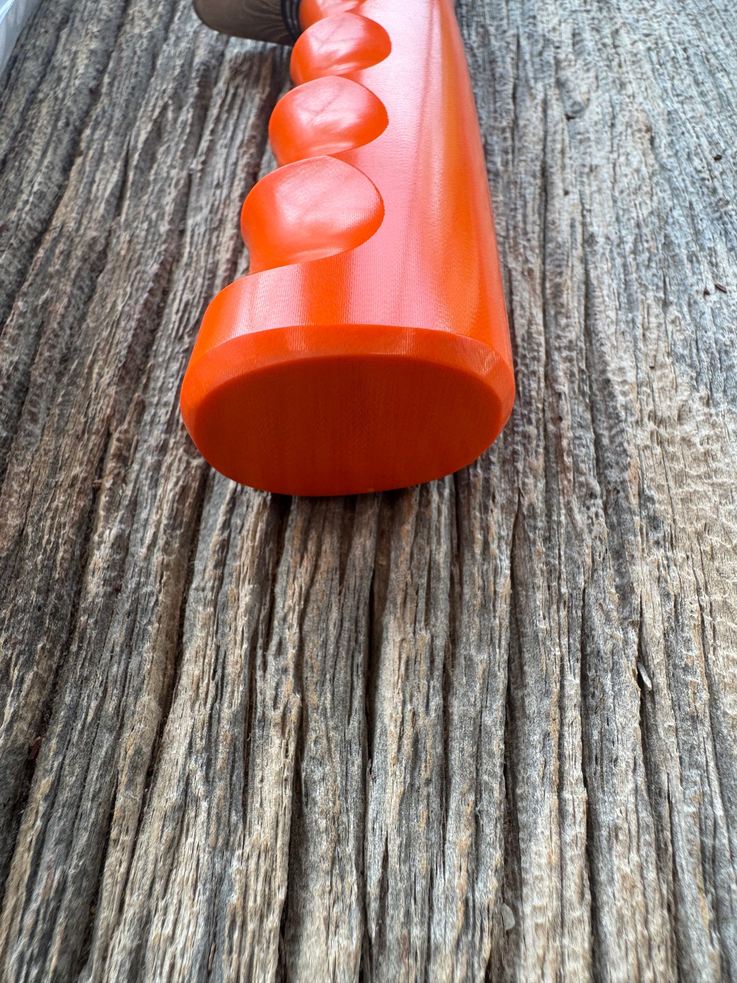 New in paper Randall Model 19-5 with a nice piece of customer supplied Orange G10 with finger grooves. Stainless Steel, Nickel Silver Hilt and a raw natural end.