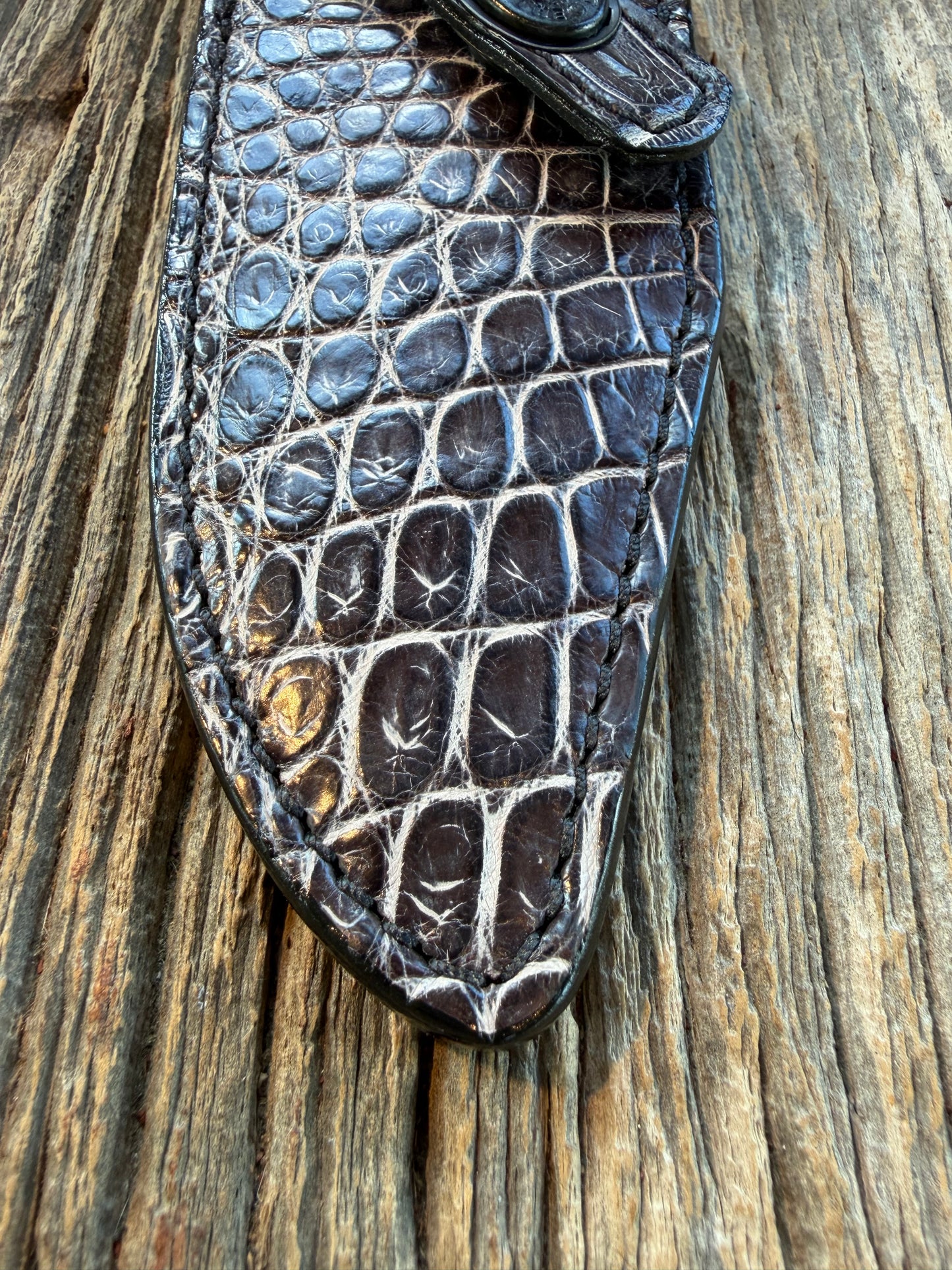 New Randall Model 19-5 Sheath in Exotic Black/Grey Shiny Crocodile from Treeman with the newest Black Canteen snap.