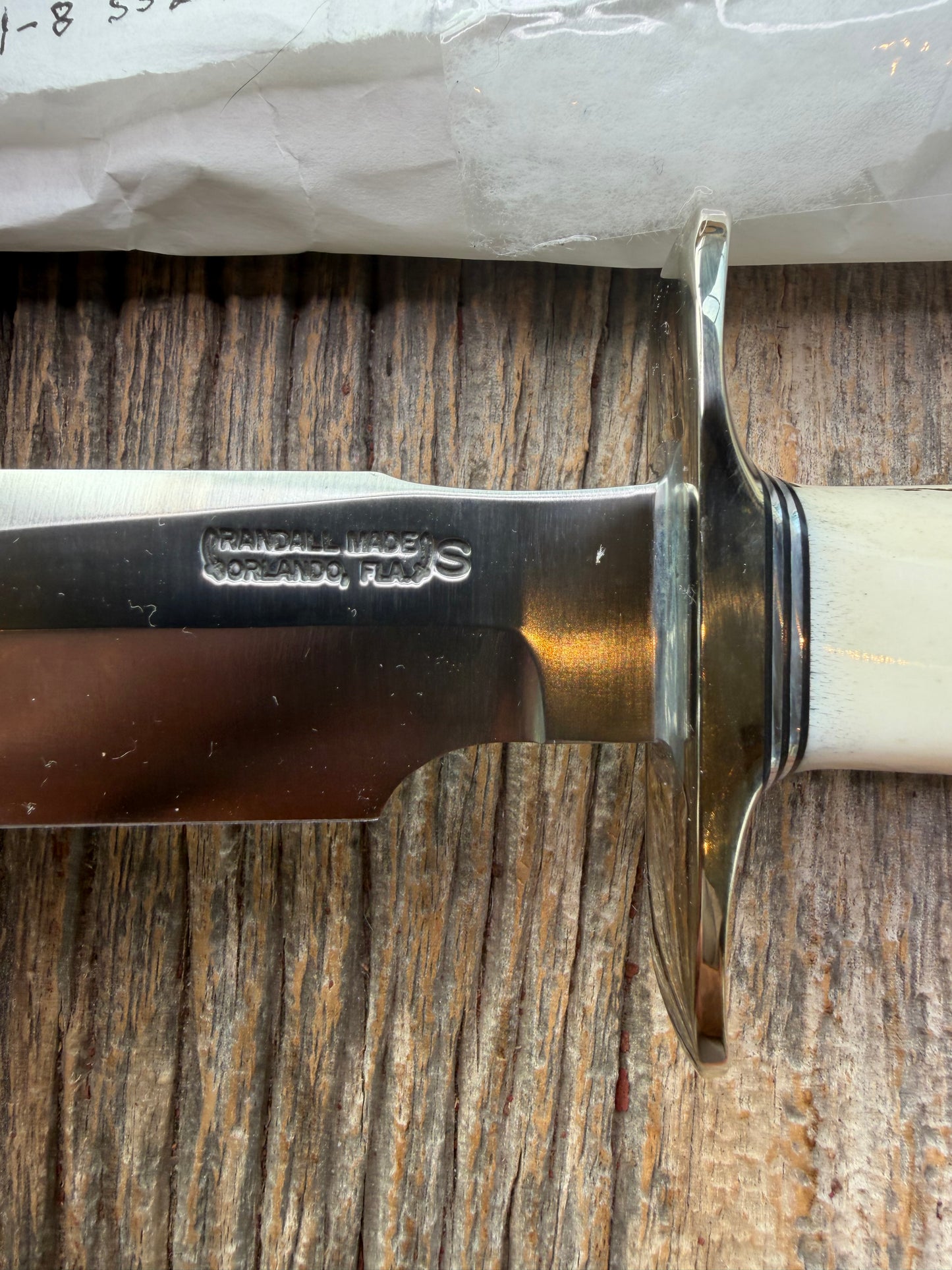 New in Paper Randall Made Knife Model 1-8 Stag , Stainless, Black and Aluminum spacers, Nickel Silver Hilt, Aluminum butt cap.