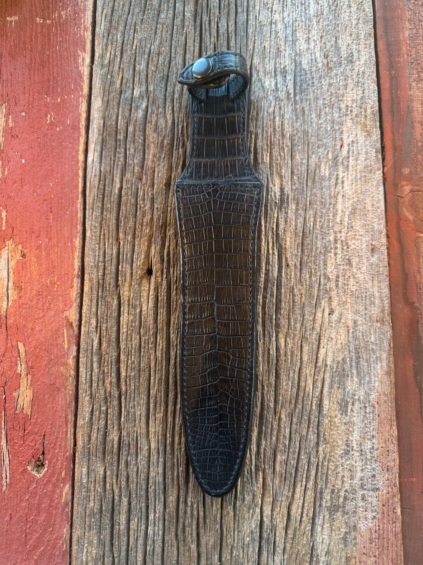 New Randall Model 2-8 Sheath in Exotic Black Natural Croc with full belt loop, back and front and loop in Black Croc( very rare) Custom Made at Sullivan’s by Gutcher.
