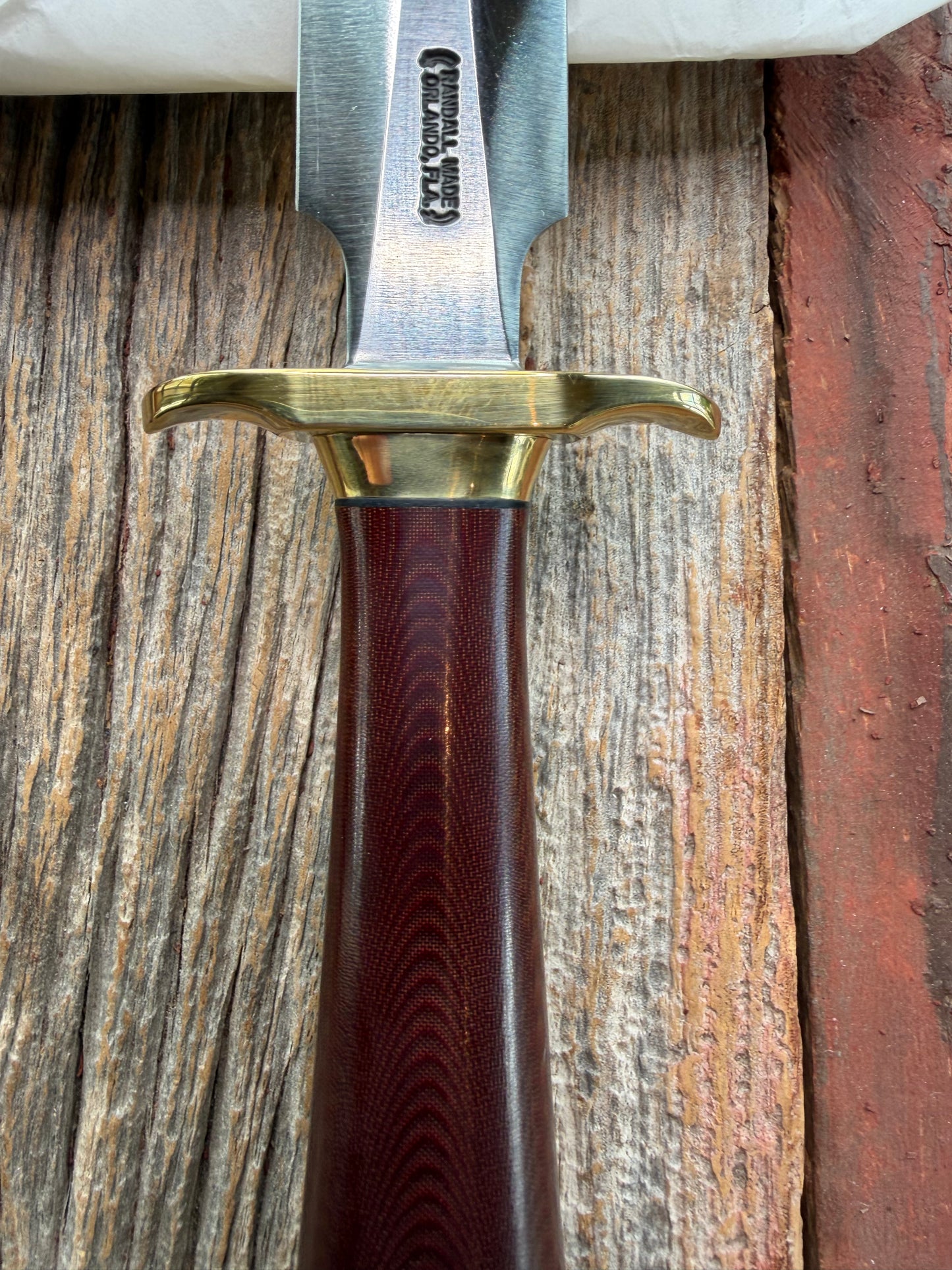 New in Paper Randall Knife Model 2-5 Beautiful  Brass Hilt, Collar and rounded Butt cap,Carbon Blade, Maroon Micarta Handle