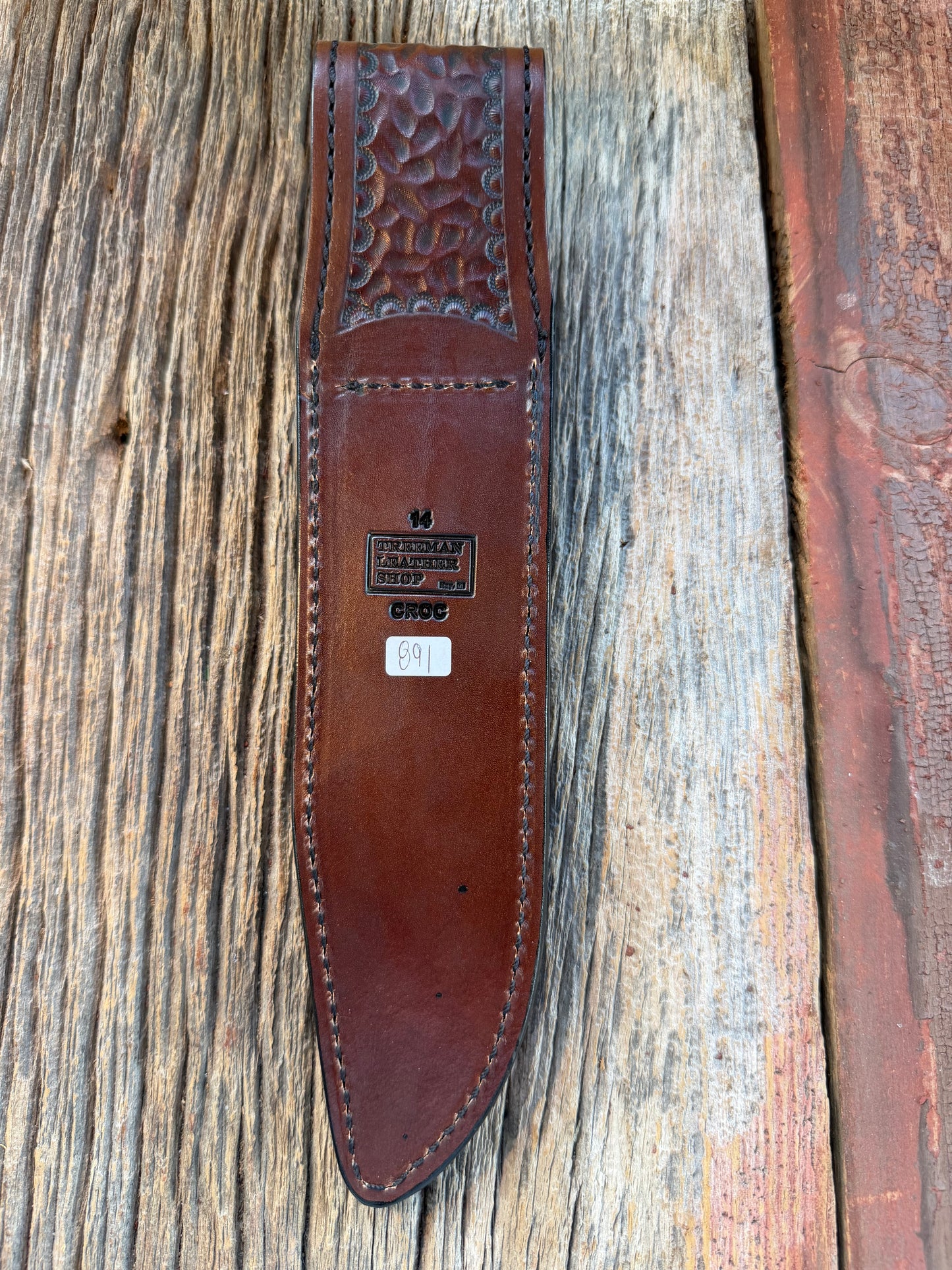 New Randall Model 14 Sheath in Exotic Dark Brown Sueded Crocodile from Treeman with the newest Black Canteen snap.