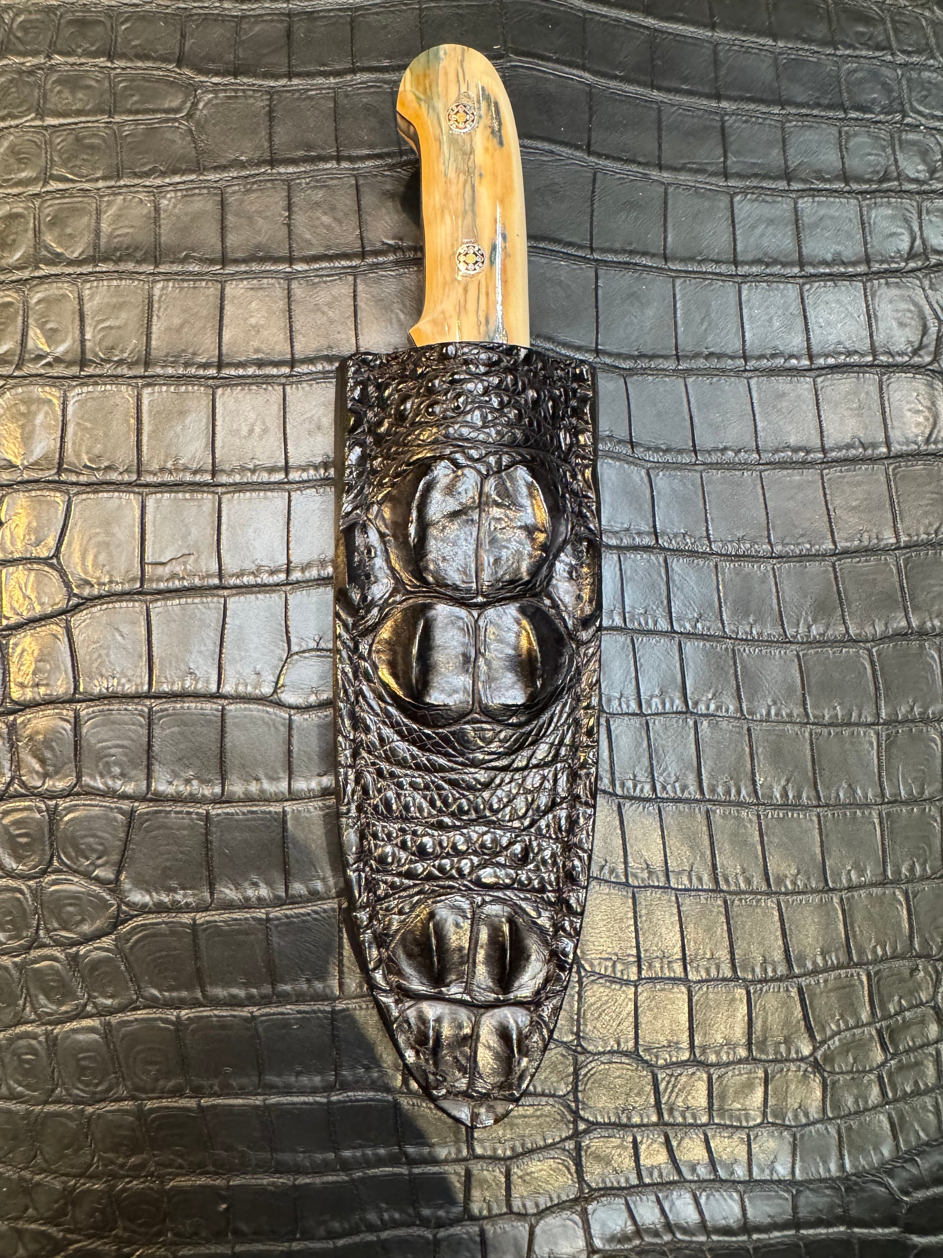 Randall Model Tri Athlete Sheath with Scales Added in Exotic Black Hornback Crocodile (Skull) by Treeman. (Sheath only)