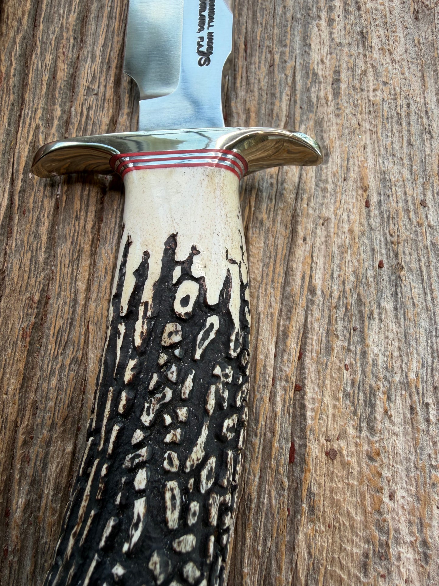 Randall Model 1-7 Popcorn Stag Stainless Nickel Silver Hilt Natural end Red and Aluminum Spacers