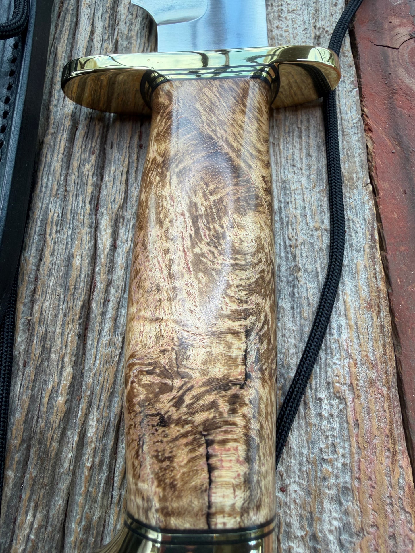 New in Paper Randall Knife 12-9 Spalted Maple wood handle, Double Brass Hilt + Crows Beak Butt Cap, Stainless Steel.
