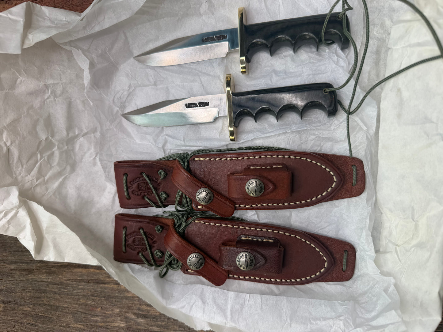 New in Paper a Pair of Sequentially numbered Randall Made Knife Mini Model 14’s Attack Knife Black Micarta SN # 1413 and # 1414