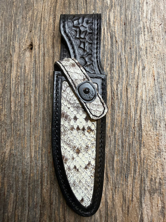 Randall Model Combat Companion sheath with an Eastern Diamondback RattleSnake skin from Treeman Sheaths. Hand tooled belt loop, canteen snap. One the hardest skins to source.
