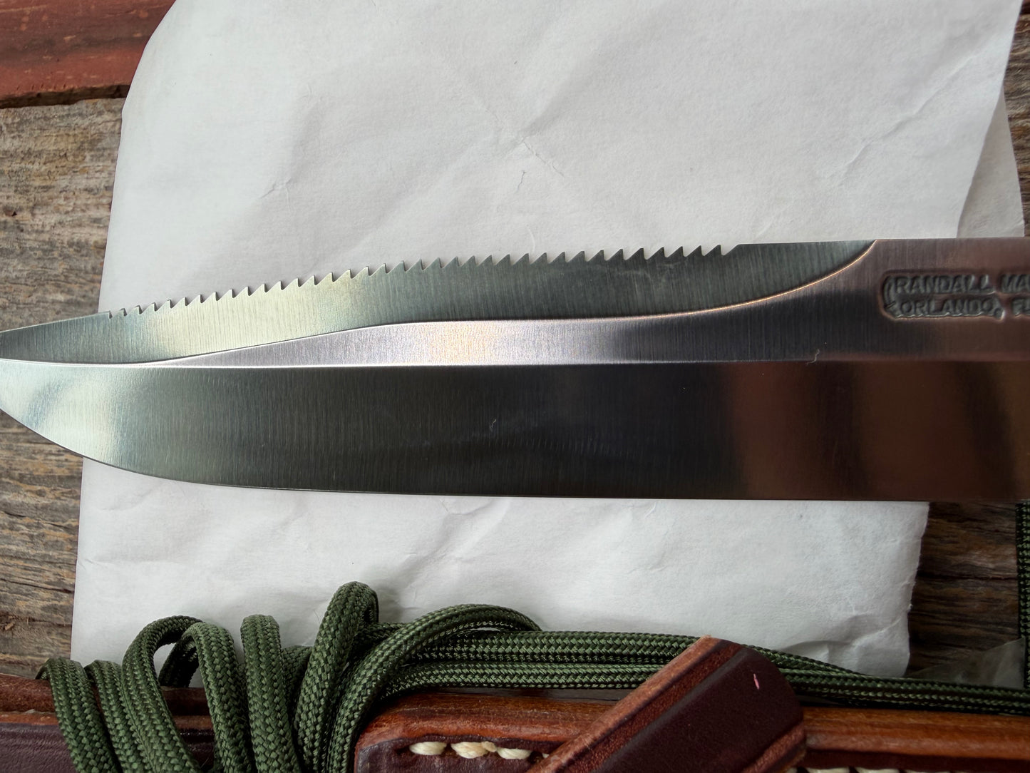 New in Paper Randall Made Knife Model 1-7 Green Micarta handle, Stainless, brass Double Hilt, Brass Crows beak butt cap, lanyard, Sawteeth, single black spacer…loaded!!