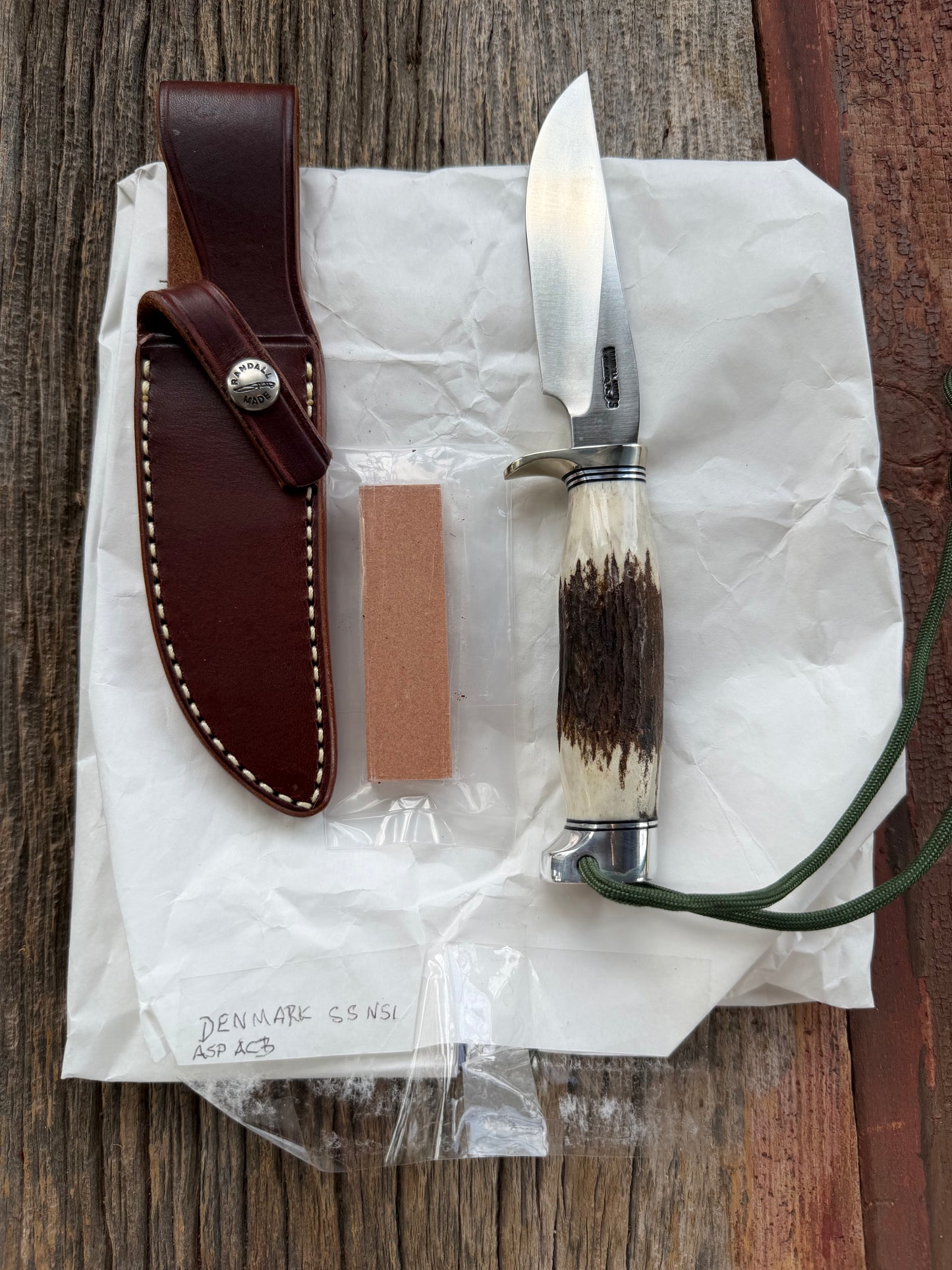New in Paper Randall Made Knife Model Denmark Special Stainless Nickel Hilt, Wrist thong.