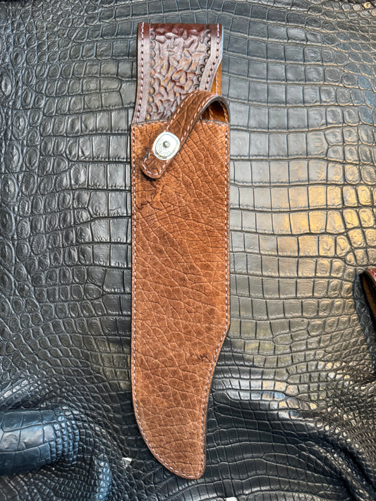 Randall Model 12-11 Smithsonian “Smitty” in Chocolate Hippo, forward curved hilt, Canteen Snap, full brass stamping and stitching.