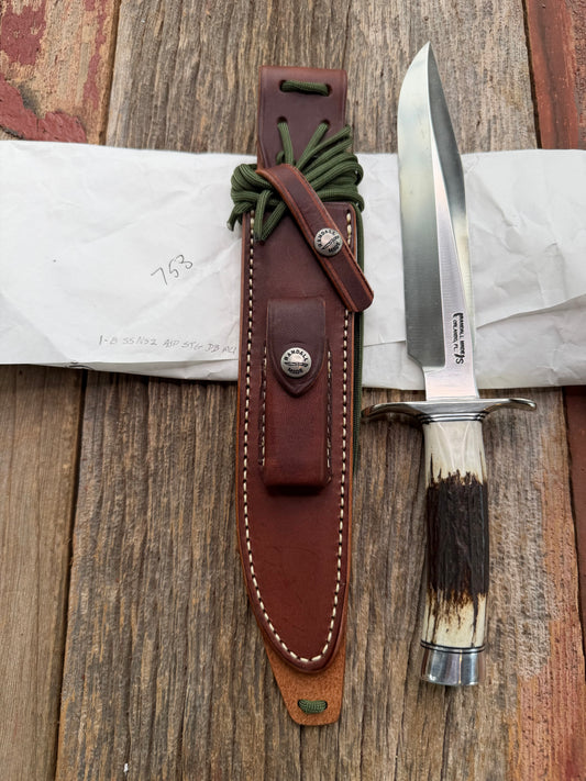 New in Paper Randall Made Knife Model 1-8 Stag , Stainless, Black and Aluminum spacers, Nickel Silver Hilt, Aluminum butt cap.