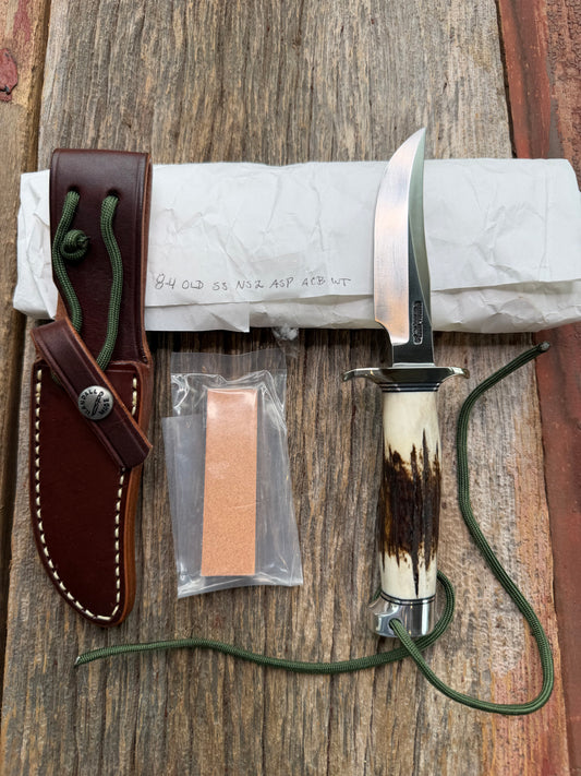 New in Paper Randall Knife Model #8-4 Old Style Trout And Bird Stag Handle, Stainless steel, Lanyard.