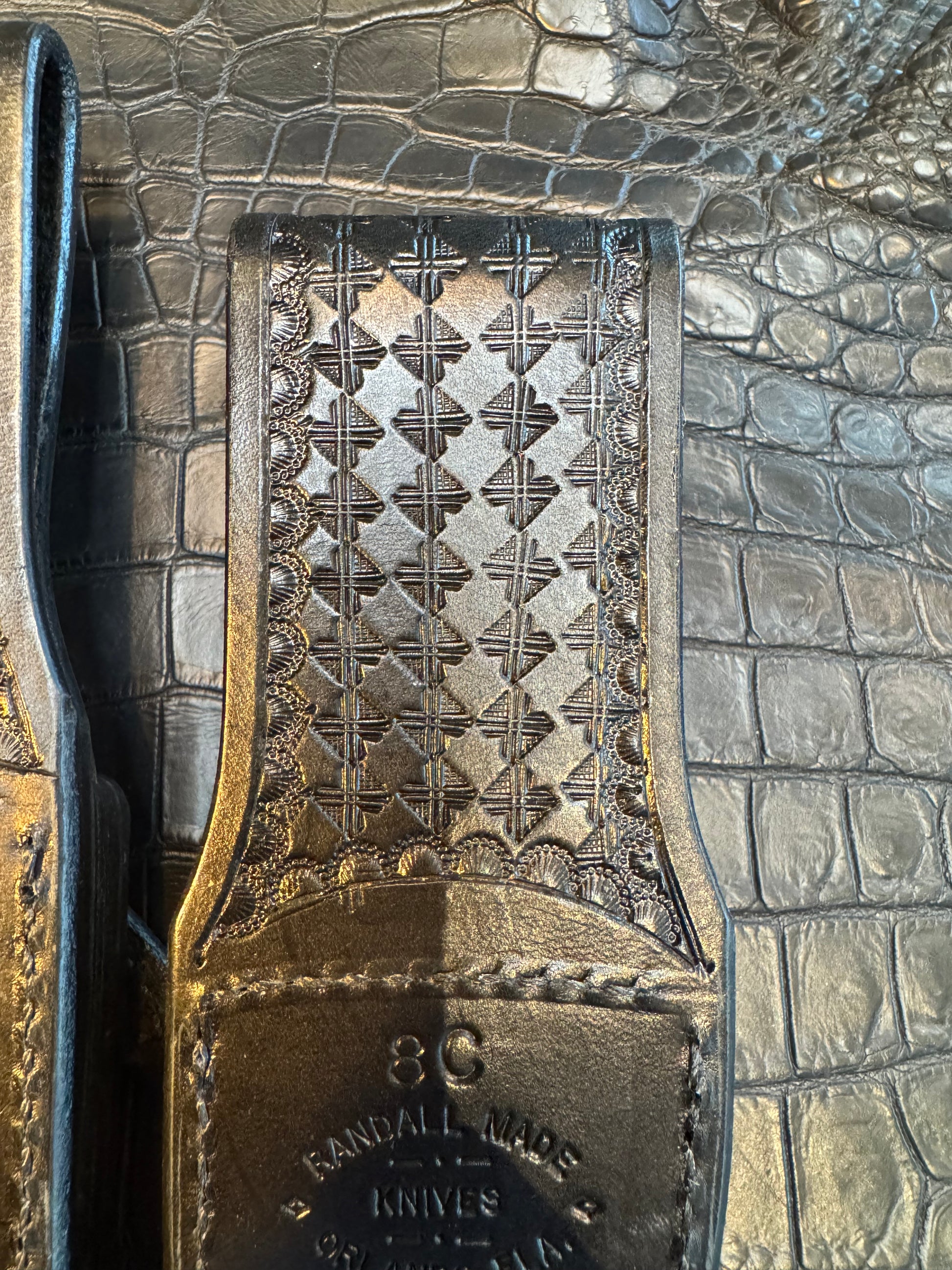 New Randall Pair of Model 12-11 Large Sasquatch and matching 12-8 Small Sasquatch Sheath’s in Exotic Black Hippo (very rare) Custom Made at Sullivan’s by Gutcher.