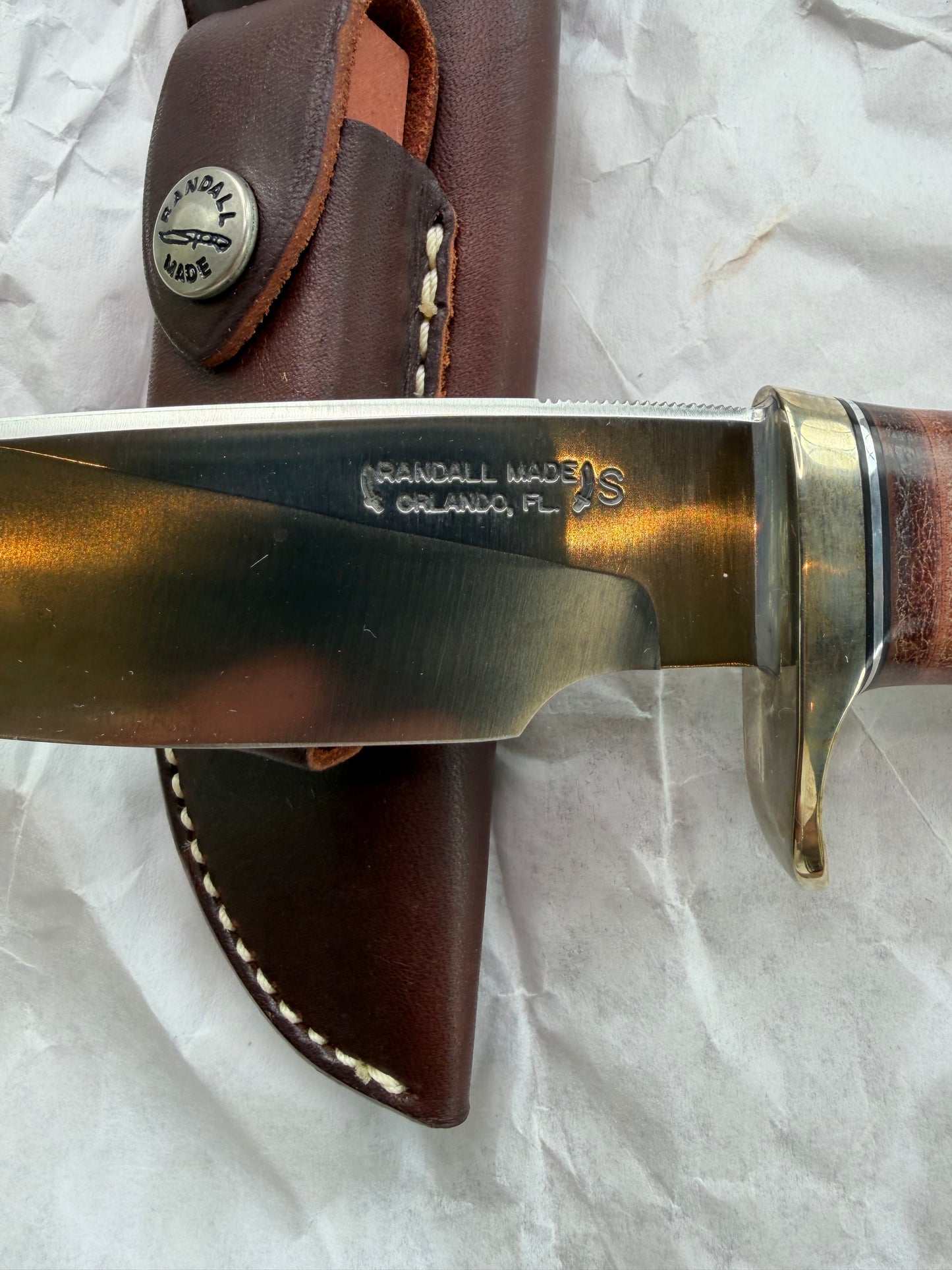 New in paper Randall Knife Model 25-5 Trapper in Thuya Wood and Leather Handle Stainless Blade, NSH Hilt