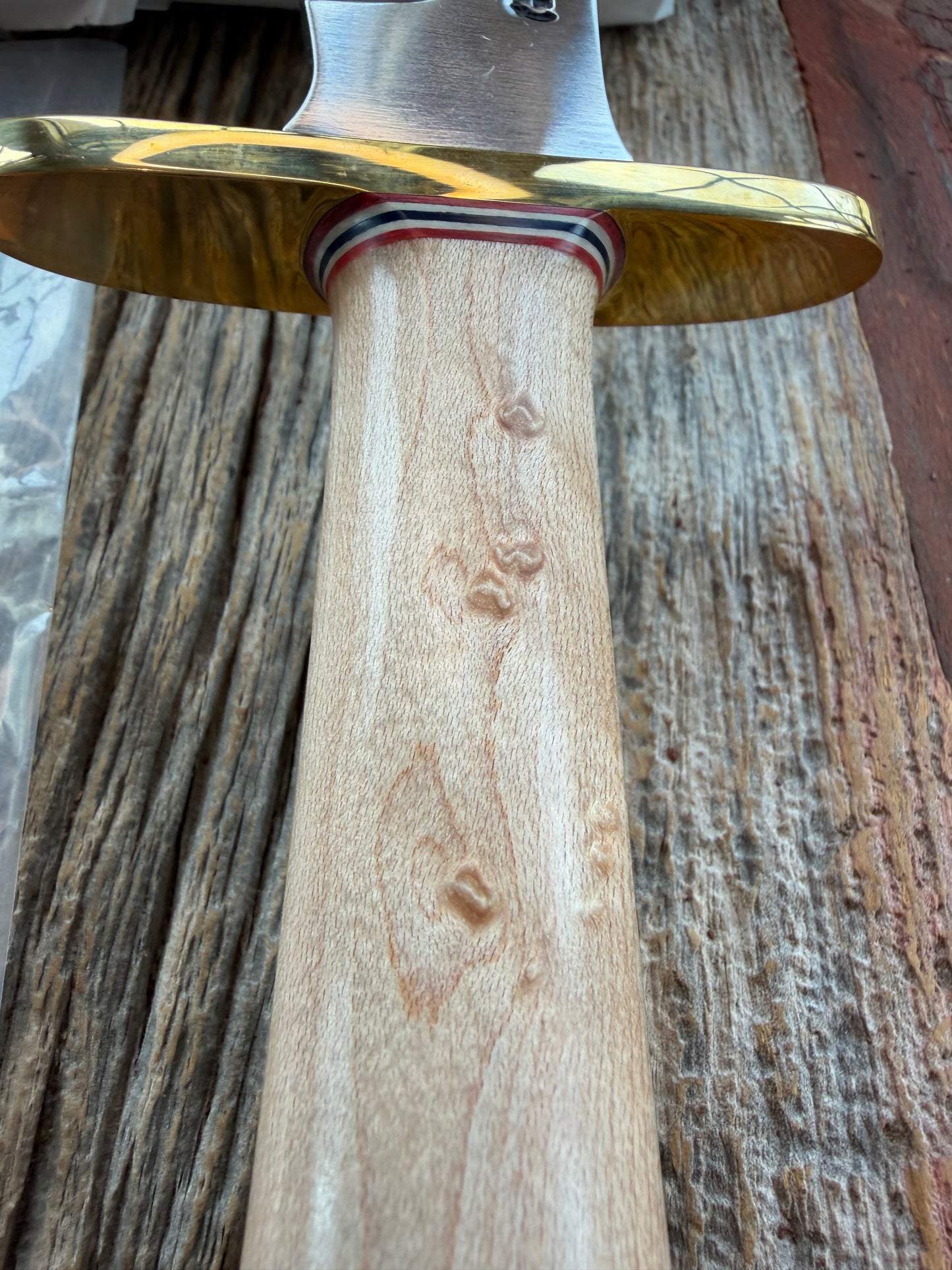 New Paper Randall Made Knife Model 12-8 supplied Maple handle, carbon  blade, brass hilt and rounded butt cap. Red white and blue spacers