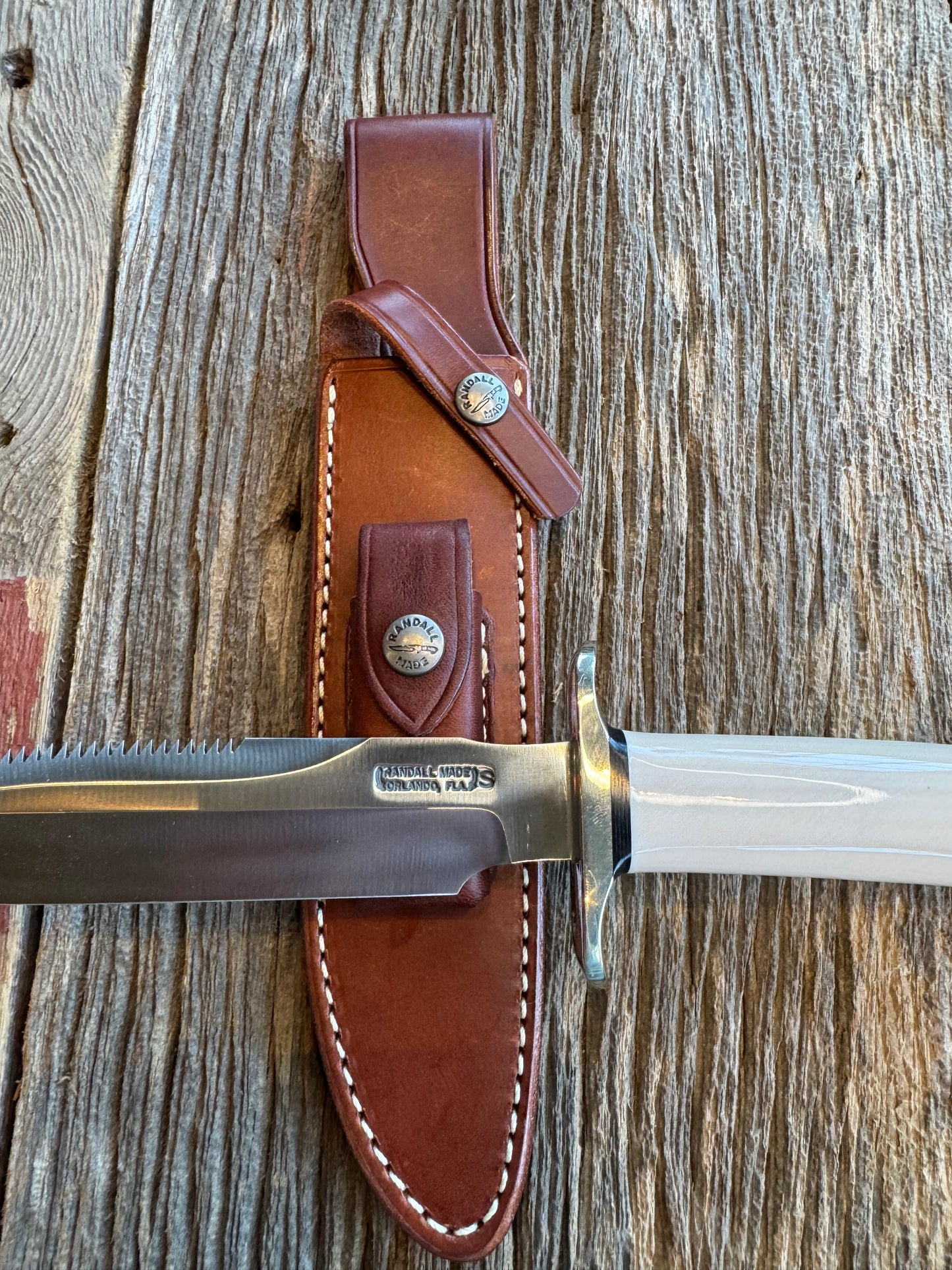 Randall Knife Model 1-7 Warther Resin Ivory. Nickel Silver Hilt, Stainless Steel Blade, black spacers.