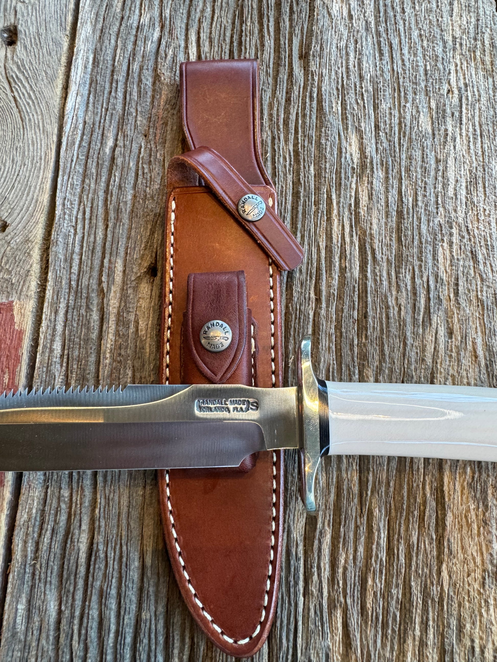 Randall Knife Model 1-7 Warther Resin Ivory. Nickel Silver Hilt, Stainless Steel Blade, black spacers.