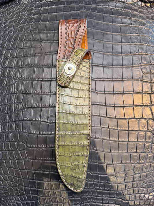 Randall Model 1-8 in Army Green Crocodile. Straight hilt, Canteen Snap, full brass stamping and stitching.