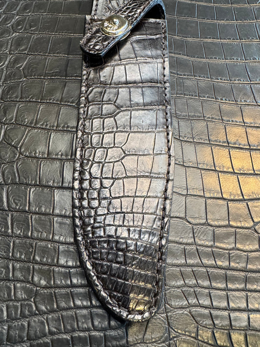 Randall Model 14 in Black Crocodile Straight hilt, Canteen Snap, full brass stamping and stitching.