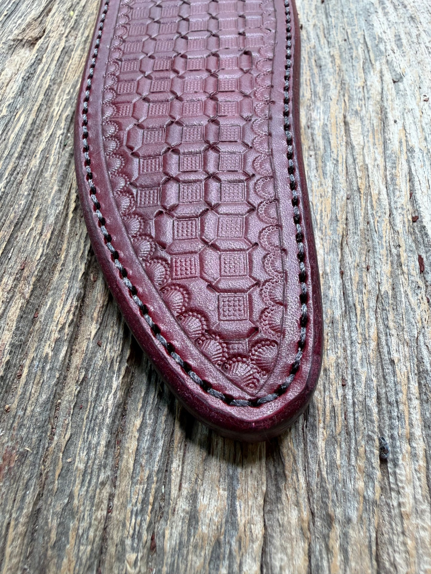 Randall Model 12-8 “Big Bear” sheath in Ox Blood Red stamped leather from Sullivans by Gutcher. Parquet window pattern, mesmerizing !!