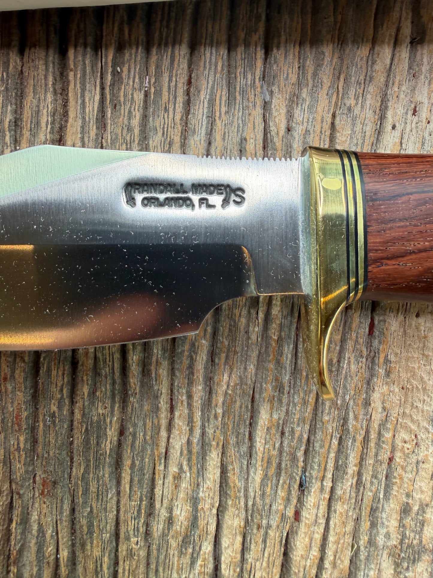 New in Paper Randall Model 19-5 with a really nice grainy piece of Ironwood. brass single Hilt , Stainless steel, Lanyard and Brass plate.