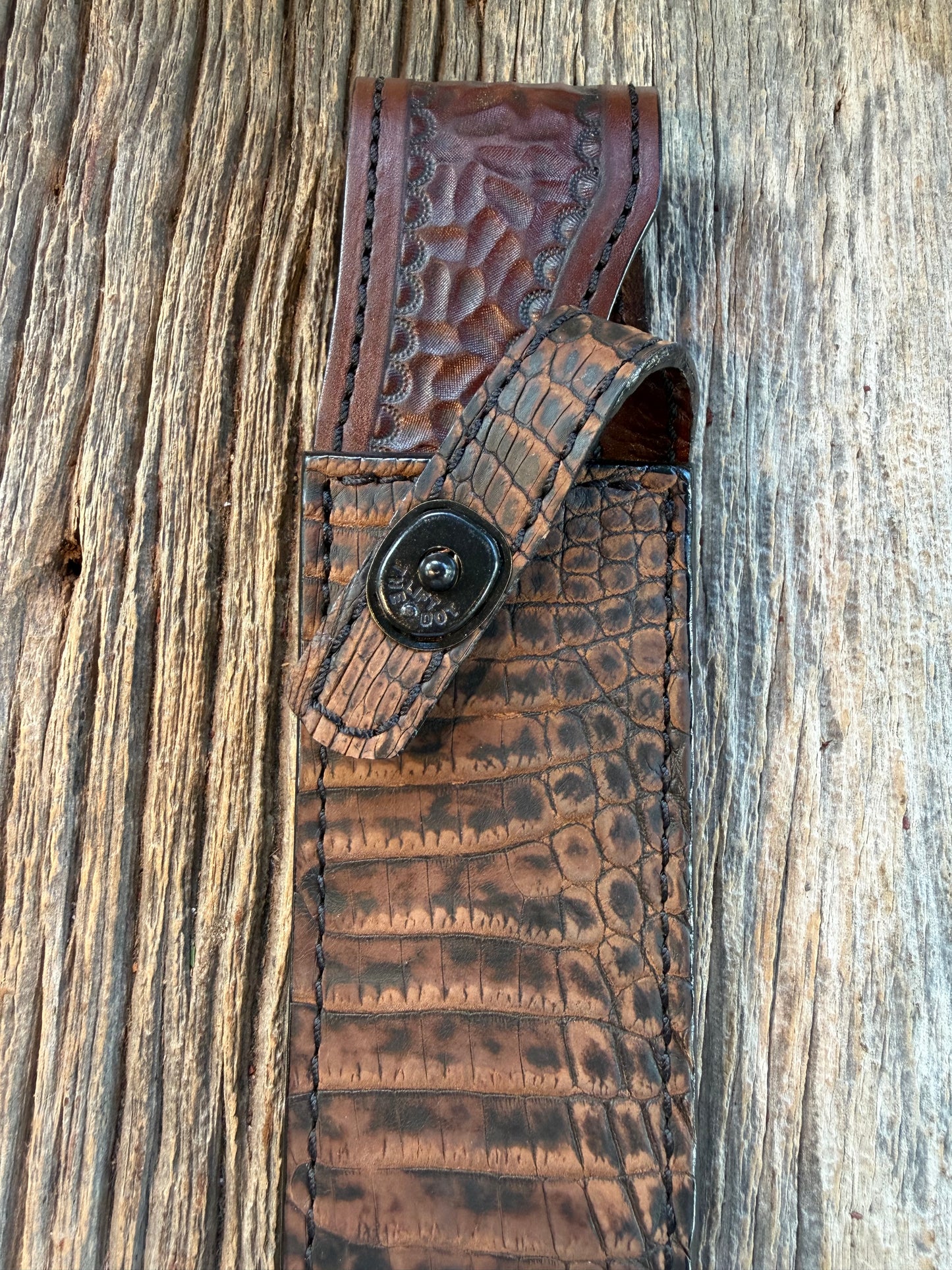 New Randall Model 14 Sheath in Exotic Dark Brown Sueded Crocodile from Treeman with the newest Black Canteen snap.