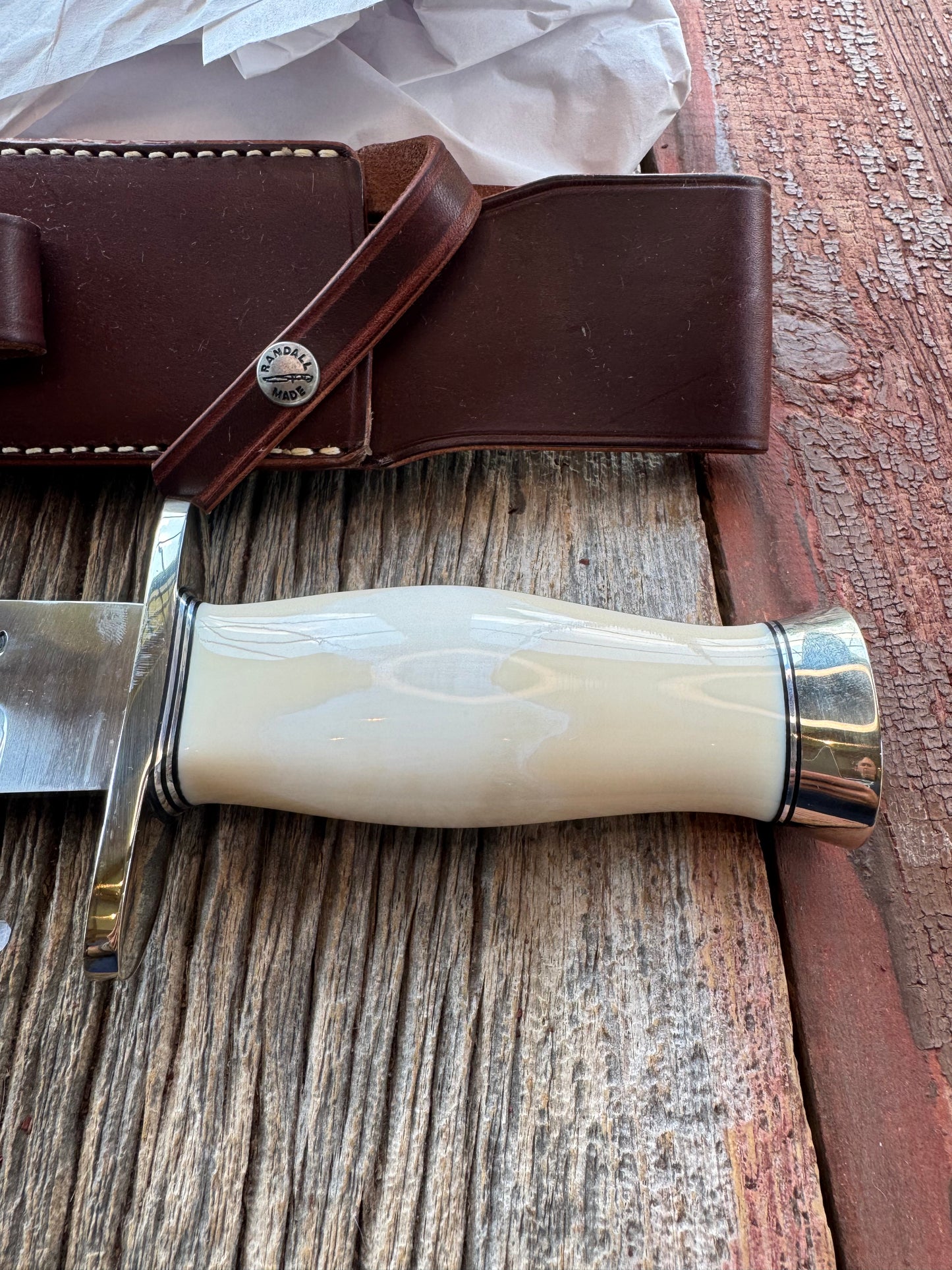 New in Paper Model 12-11 Confederate Bowie. Beautiful creamy Fossil Walrus Ivory with a Nickel  Silver forward curved hilt and butt cap. Unreal Scrim opportunity!! Blank Canvas..