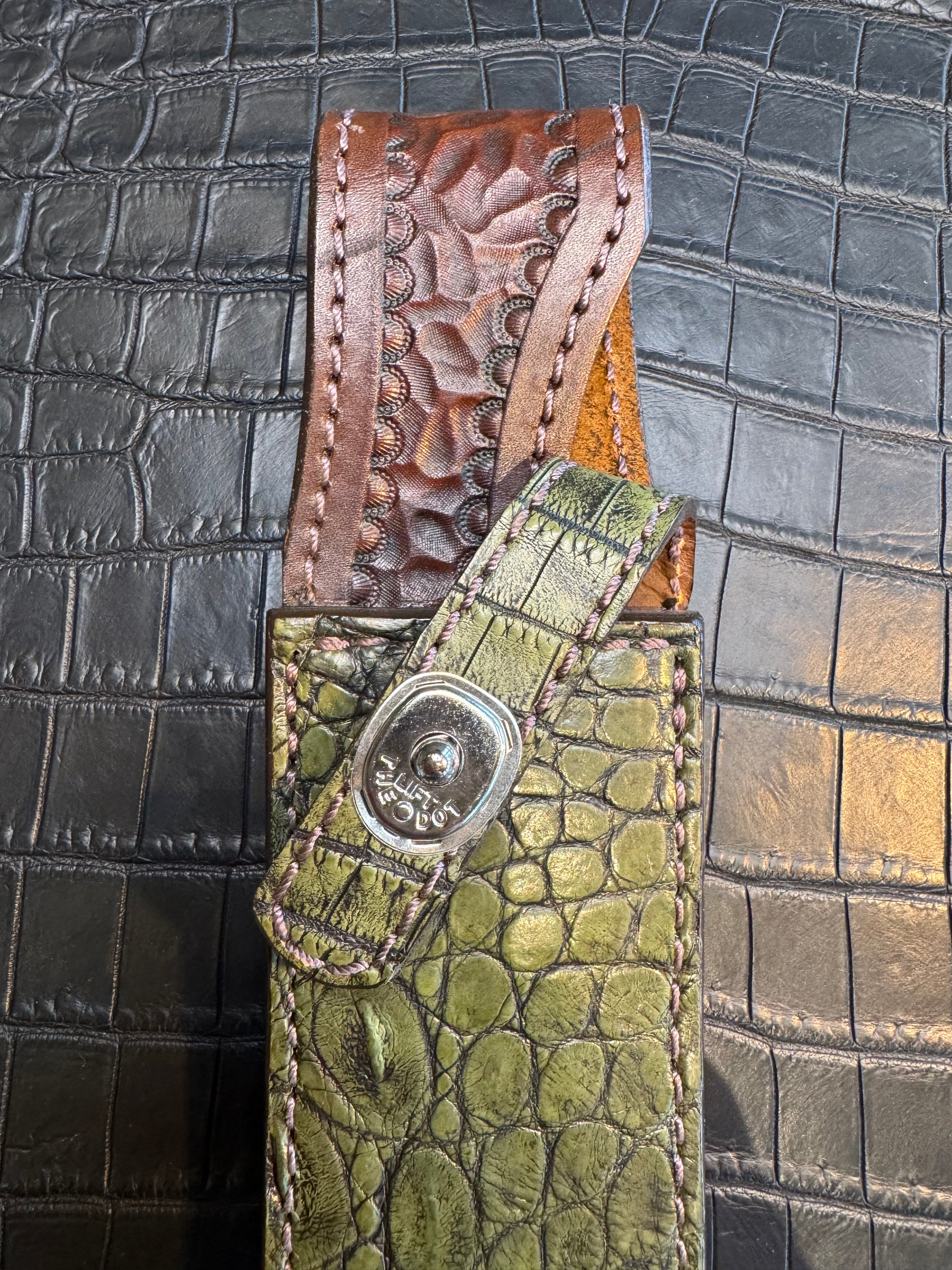 Randall Model 1-8 in Army Green Crocodile. Straight hilt, Canteen Snap, full brass stamping and stitching.