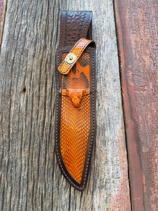 New Randall Model 12-9 Bowie Sheath in Exotic Cobra with actual head by Treeman. Browns, Black and Rust, one of only a few 12-9’s I have.